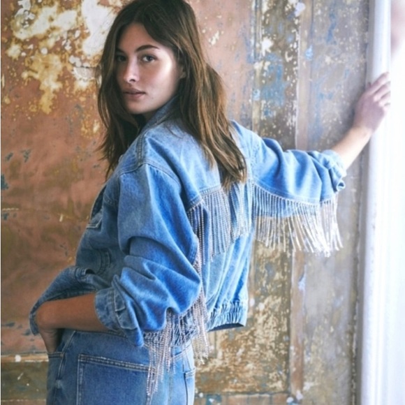 Free People Rhinestone Fringe Denim Bomber Jacket Meteor Wash XL - Picture 4 of 10